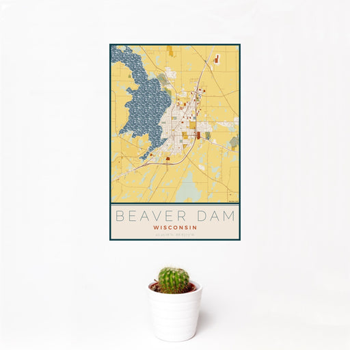 12x18 Beaver Dam Wisconsin Map Print Portrait Orientation in Woodblock Style With Small Cactus Plant in White Planter