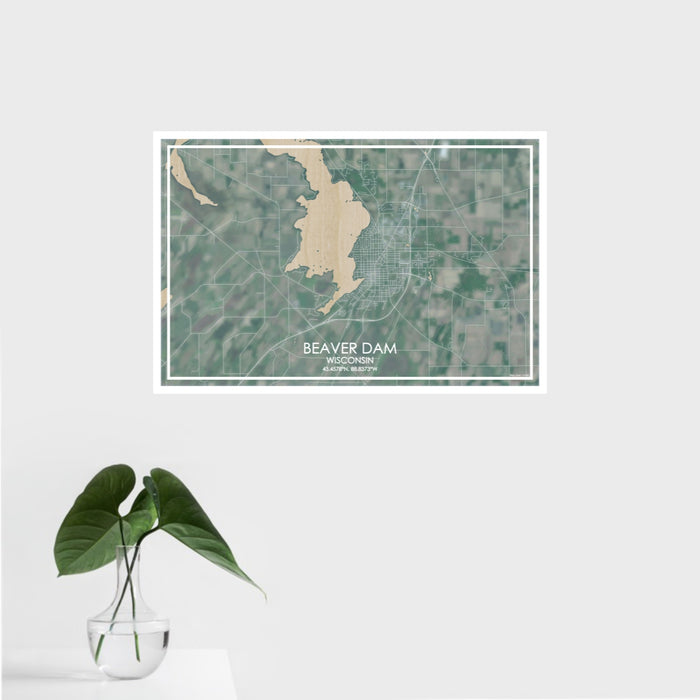 16x24 Beaver Dam Wisconsin Map Print Landscape Orientation in Afternoon Style With Tropical Plant Leaves in Water