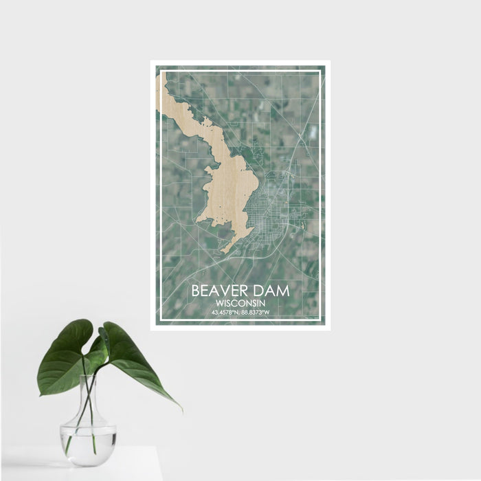 16x24 Beaver Dam Wisconsin Map Print Portrait Orientation in Afternoon Style With Tropical Plant Leaves in Water