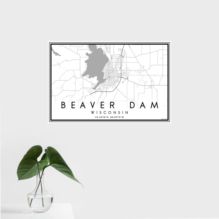 16x24 Beaver Dam Wisconsin Map Print Landscape Orientation in Classic Style With Tropical Plant Leaves in Water