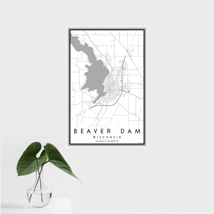 16x24 Beaver Dam Wisconsin Map Print Portrait Orientation in Classic Style With Tropical Plant Leaves in Water