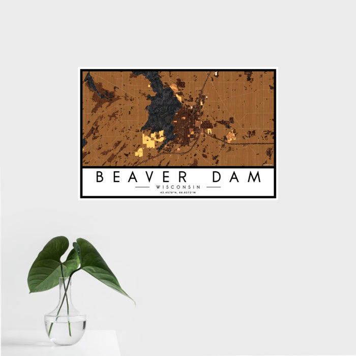 16x24 Beaver Dam Wisconsin Map Print Landscape Orientation in Ember Style With Tropical Plant Leaves in Water
