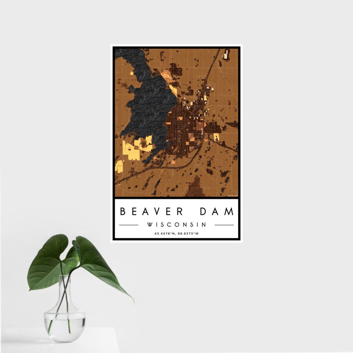16x24 Beaver Dam Wisconsin Map Print Portrait Orientation in Ember Style With Tropical Plant Leaves in Water