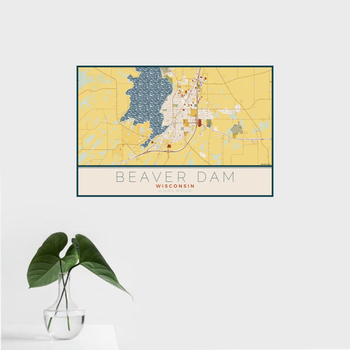 16x24 Beaver Dam Wisconsin Map Print Landscape Orientation in Woodblock Style With Tropical Plant Leaves in Water