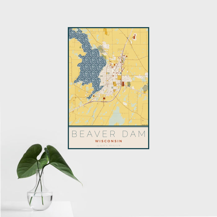 16x24 Beaver Dam Wisconsin Map Print Portrait Orientation in Woodblock Style With Tropical Plant Leaves in Water
