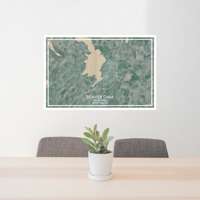 24x36 Beaver Dam Wisconsin Map Print Lanscape Orientation in Afternoon Style Behind 2 Chairs Table and Potted Plant