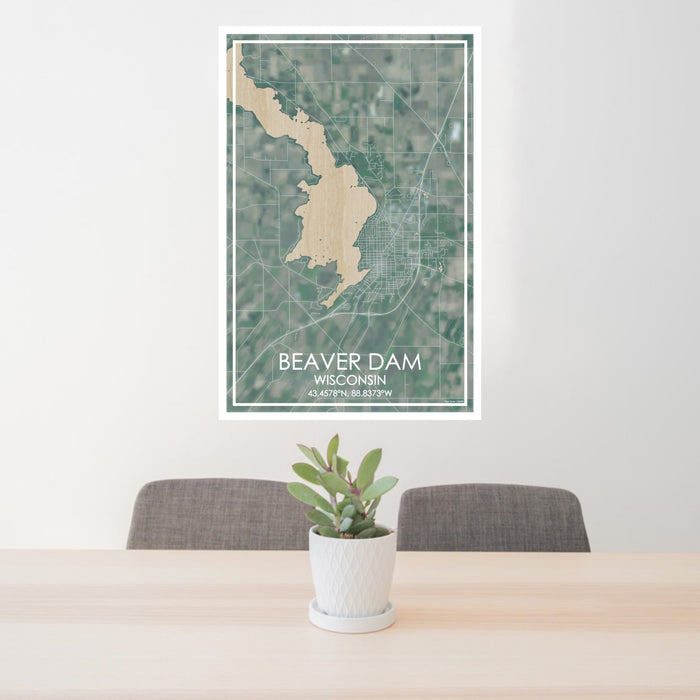 24x36 Beaver Dam Wisconsin Map Print Portrait Orientation in Afternoon Style Behind 2 Chairs Table and Potted Plant