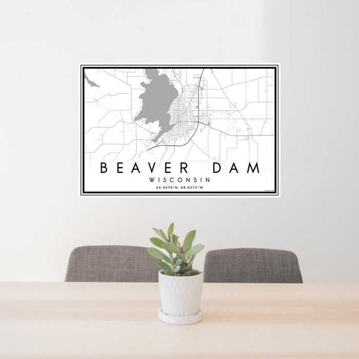 24x36 Beaver Dam Wisconsin Map Print Lanscape Orientation in Classic Style Behind 2 Chairs Table and Potted Plant