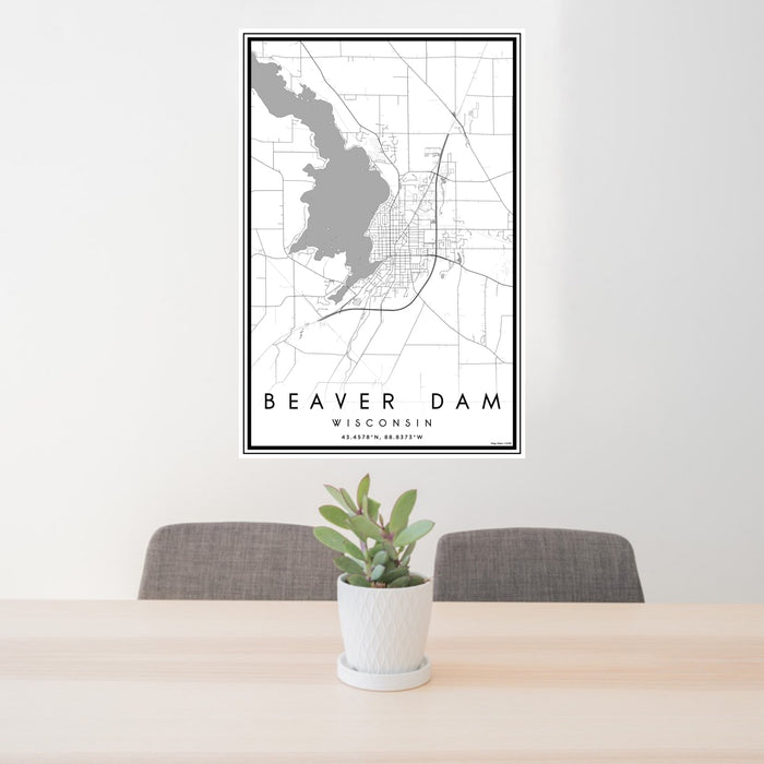 24x36 Beaver Dam Wisconsin Map Print Portrait Orientation in Classic Style Behind 2 Chairs Table and Potted Plant