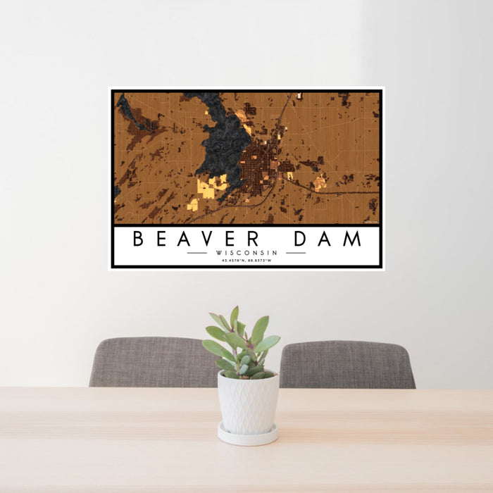24x36 Beaver Dam Wisconsin Map Print Lanscape Orientation in Ember Style Behind 2 Chairs Table and Potted Plant