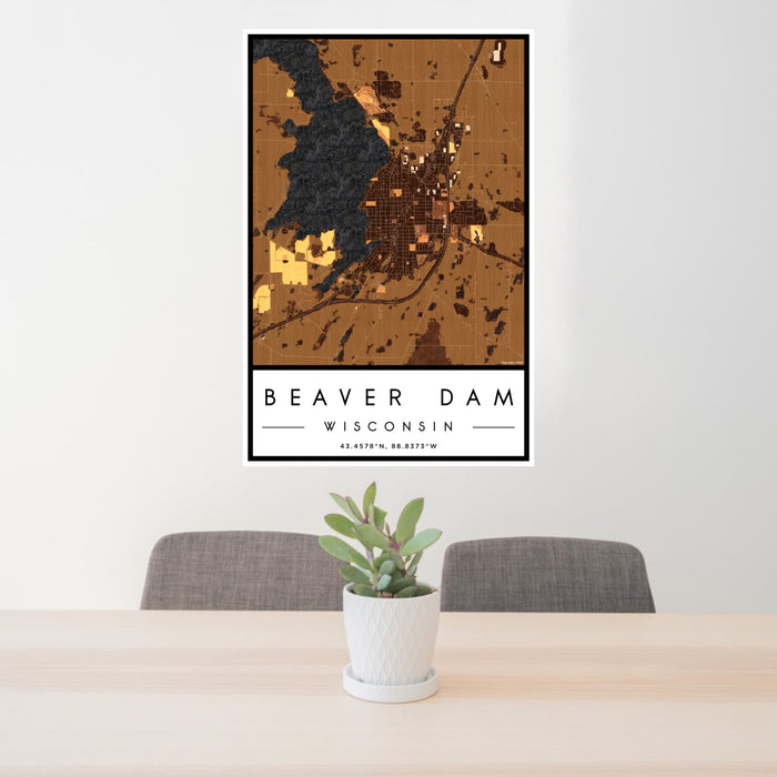 24x36 Beaver Dam Wisconsin Map Print Portrait Orientation in Ember Style Behind 2 Chairs Table and Potted Plant