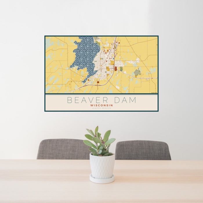 24x36 Beaver Dam Wisconsin Map Print Lanscape Orientation in Woodblock Style Behind 2 Chairs Table and Potted Plant