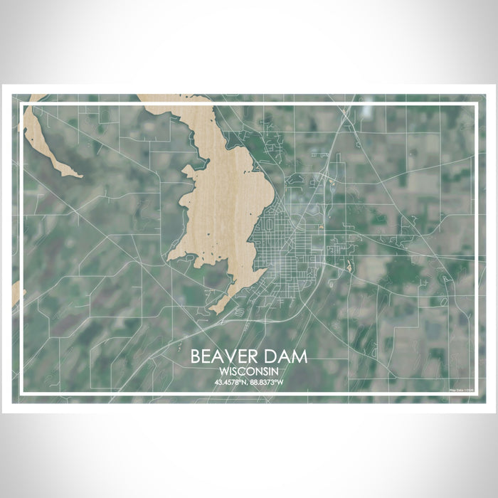 Beaver Dam Wisconsin Map Print Landscape Orientation in Afternoon Style With Shaded Background