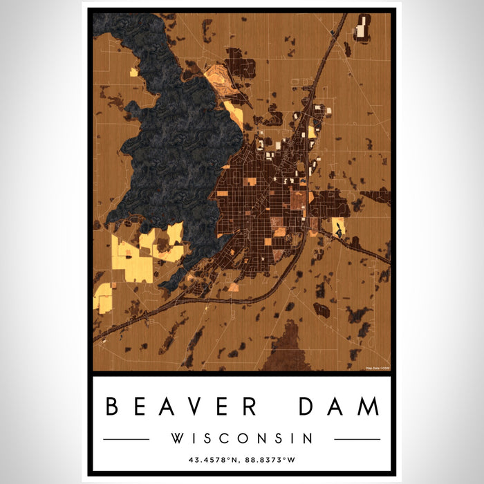 Beaver Dam Wisconsin Map Print Portrait Orientation in Ember Style With Shaded Background