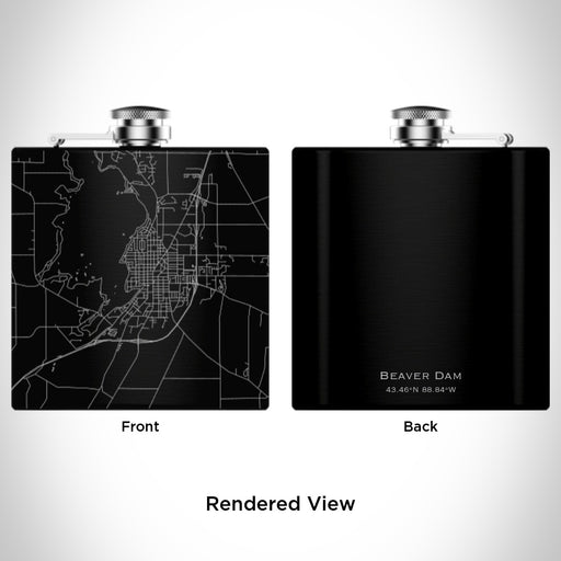 Rendered View of Beaver Dam Wisconsin Map Engraving on 6oz Stainless Steel Flask in Black