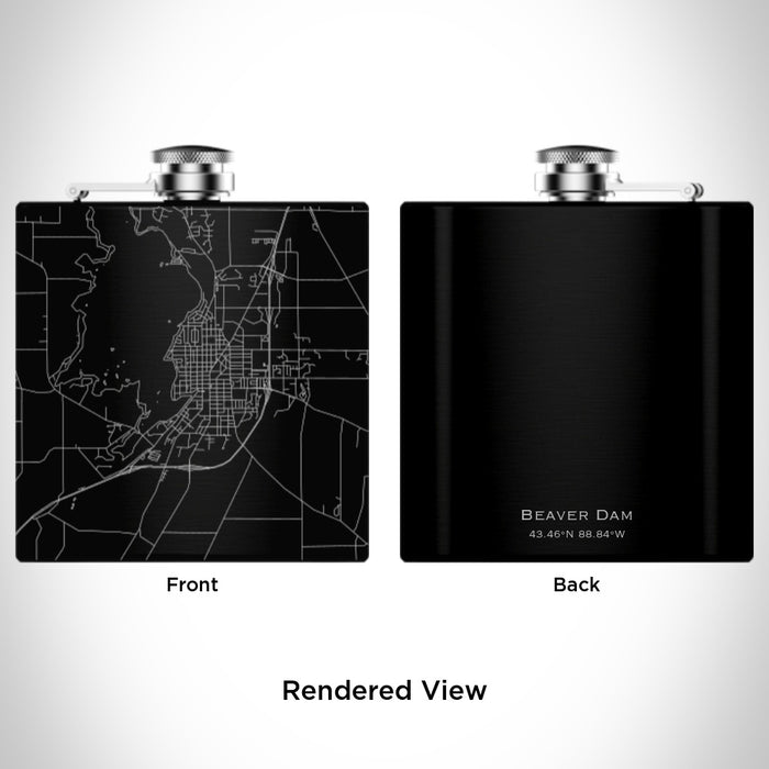 Rendered View of Beaver Dam Wisconsin Map Engraving on 6oz Stainless Steel Flask in Black