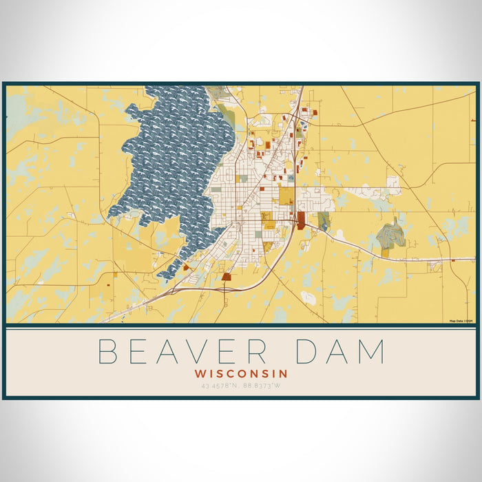 Beaver Dam Wisconsin Map Print Landscape Orientation in Woodblock Style With Shaded Background