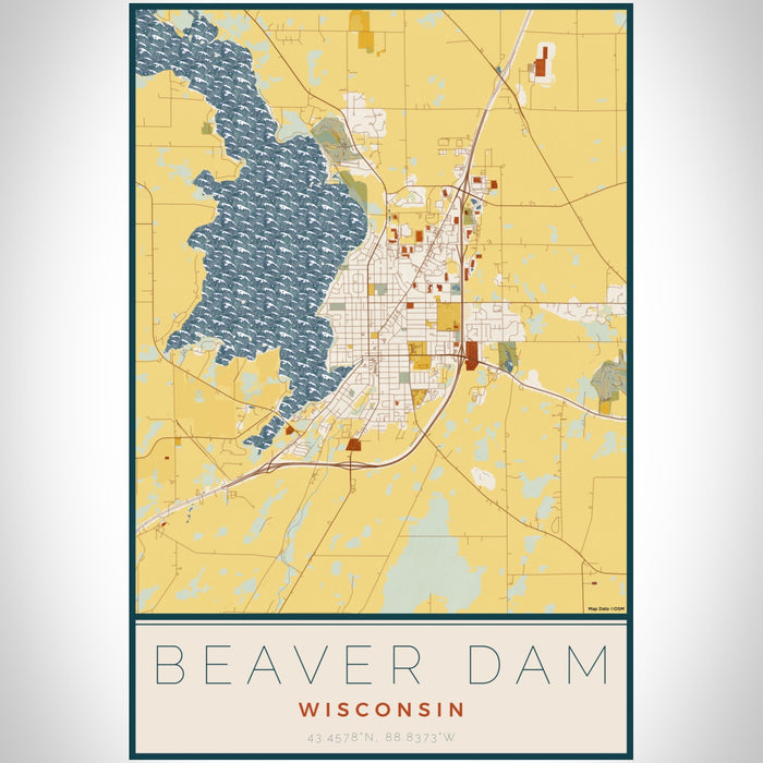Beaver Dam Wisconsin Map Print Portrait Orientation in Woodblock Style With Shaded Background