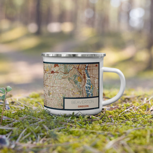 Right View Custom Beaverton Oregon Map Enamel Mug in Woodblock on Grass With Trees in Background