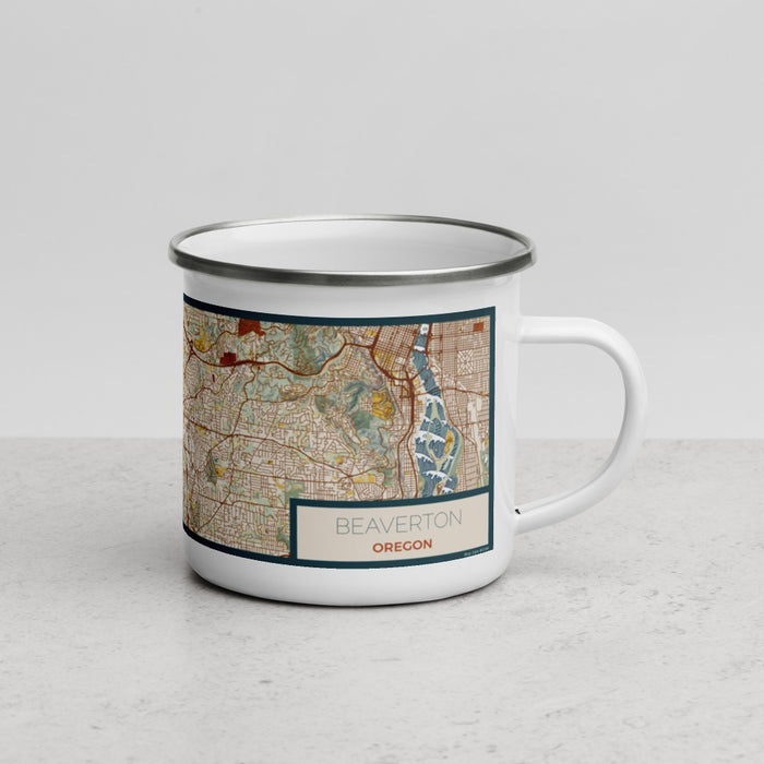 Right View Custom Beaverton Oregon Map Enamel Mug in Woodblock
