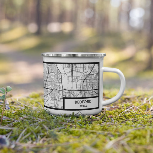 Right View Custom Bedford Texas Map Enamel Mug in Classic on Grass With Trees in Background