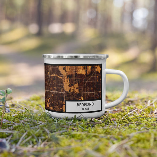 Right View Custom Bedford Texas Map Enamel Mug in Ember on Grass With Trees in Background