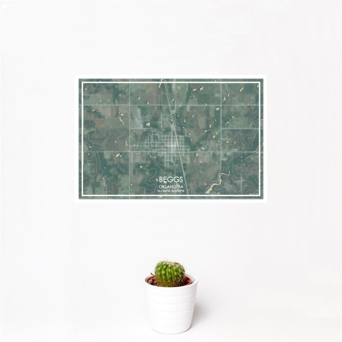 12x18 Beggs Oklahoma Map Print Landscape Orientation in Afternoon Style With Small Cactus Plant in White Planter