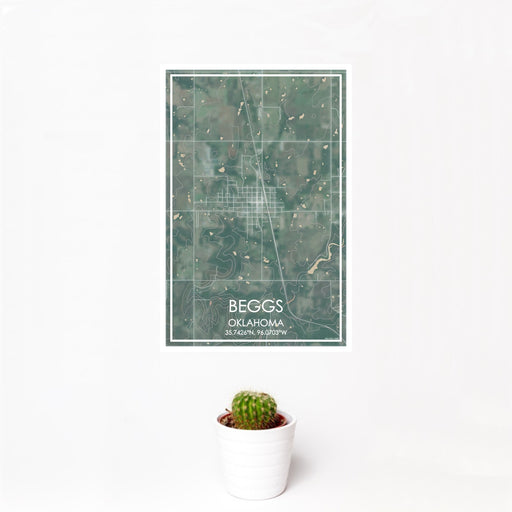 12x18 Beggs Oklahoma Map Print Portrait Orientation in Afternoon Style With Small Cactus Plant in White Planter