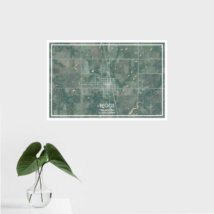 16x24 Beggs Oklahoma Map Print Landscape Orientation in Afternoon Style With Tropical Plant Leaves in Water