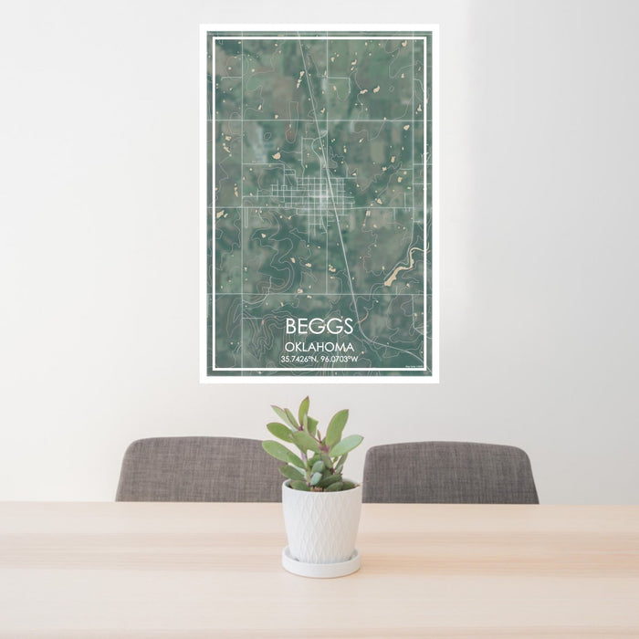 24x36 Beggs Oklahoma Map Print Portrait Orientation in Afternoon Style Behind 2 Chairs Table and Potted Plant
