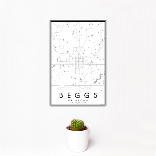 12x18 Beggs Oklahoma Map Print Portrait Orientation in Classic Style With Small Cactus Plant in White Planter
