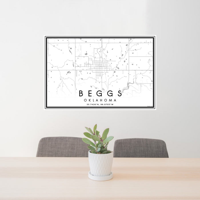 24x36 Beggs Oklahoma Map Print Landscape Orientation in Classic Style Behind 2 Chairs Table and Potted Plant