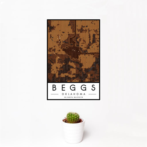12x18 Beggs Oklahoma Map Print Portrait Orientation in Ember Style With Small Cactus Plant in White Planter