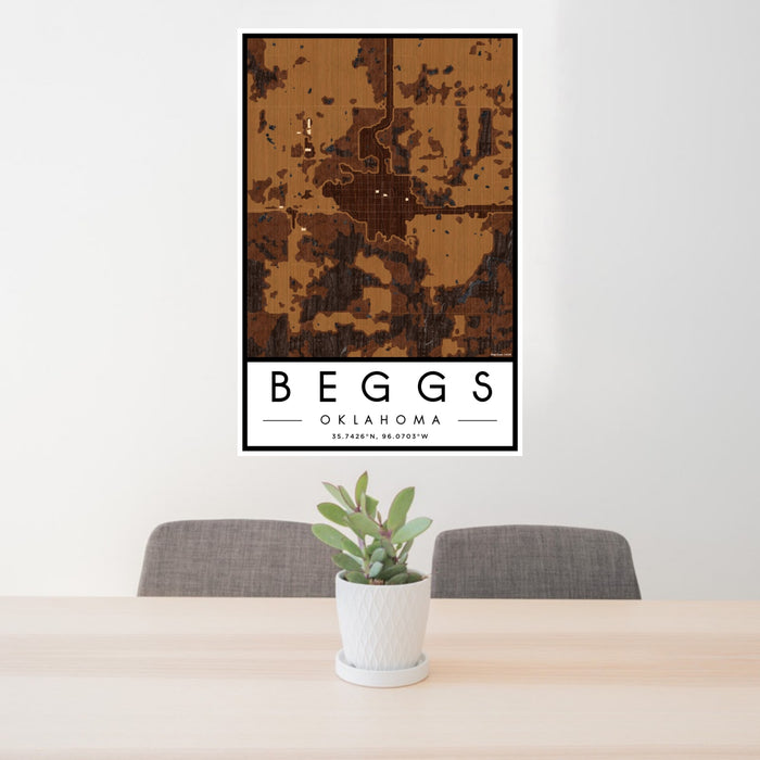 24x36 Beggs Oklahoma Map Print Portrait Orientation in Ember Style Behind 2 Chairs Table and Potted Plant