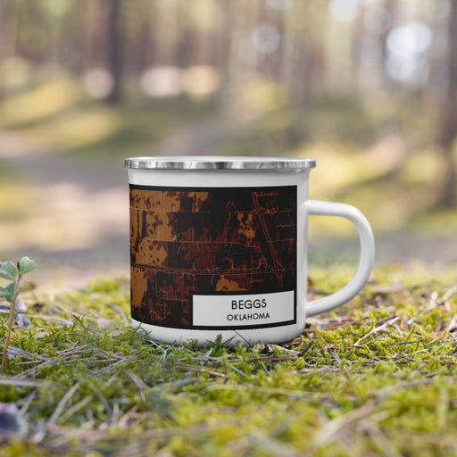 Right View Custom Beggs Oklahoma Map Enamel Mug in Ember on Grass With Trees in Background