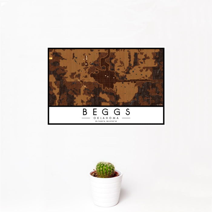 12x18 Beggs Oklahoma Map Print Landscape Orientation in Ember Style With Small Cactus Plant in White Planter
