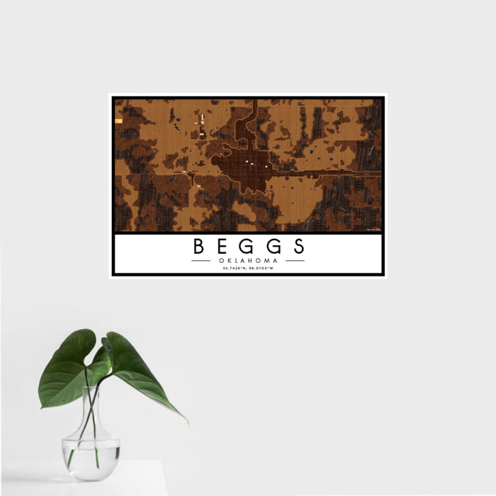 16x24 Beggs Oklahoma Map Print Landscape Orientation in Ember Style With Tropical Plant Leaves in Water