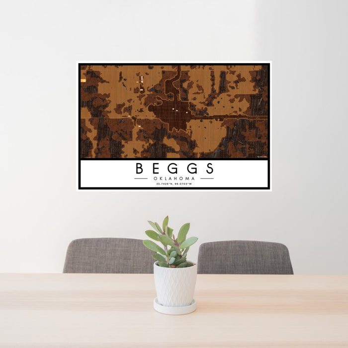24x36 Beggs Oklahoma Map Print Landscape Orientation in Ember Style Behind 2 Chairs Table and Potted Plant