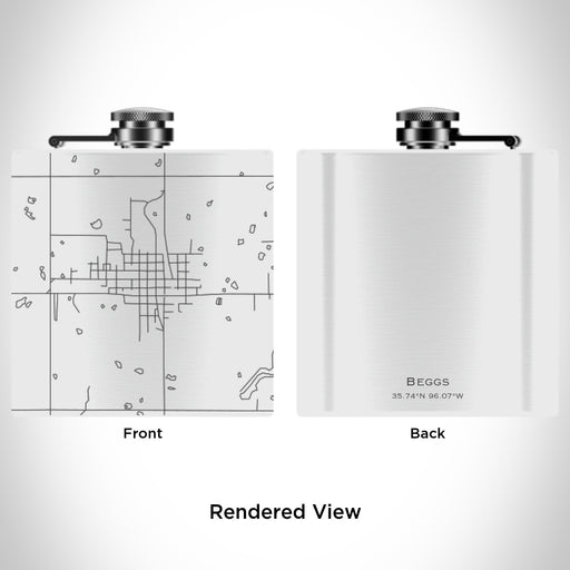 Rendered View of Beggs Oklahoma Map Engraving on 6oz Stainless Steel Flask in White