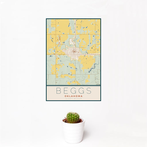 12x18 Beggs Oklahoma Map Print Portrait Orientation in Woodblock Style With Small Cactus Plant in White Planter