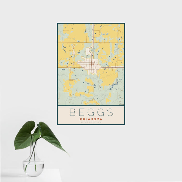 16x24 Beggs Oklahoma Map Print Portrait Orientation in Woodblock Style With Tropical Plant Leaves in Water