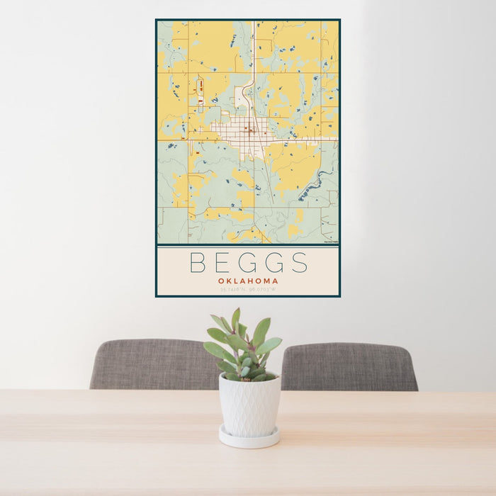 24x36 Beggs Oklahoma Map Print Portrait Orientation in Woodblock Style Behind 2 Chairs Table and Potted Plant