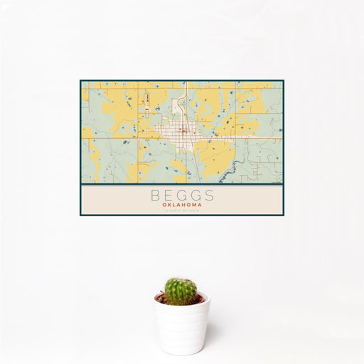 12x18 Beggs Oklahoma Map Print Landscape Orientation in Woodblock Style With Small Cactus Plant in White Planter