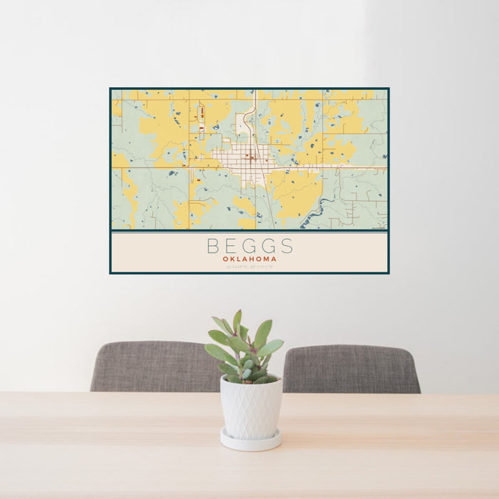 24x36 Beggs Oklahoma Map Print Landscape Orientation in Woodblock Style Behind 2 Chairs Table and Potted Plant