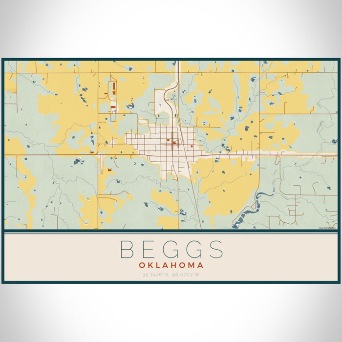Beggs Oklahoma Map Print Landscape Orientation in Woodblock Style With Shaded Background