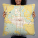 Person holding 22x22 Custom Beggs Oklahoma Map Throw Pillow in Woodblock