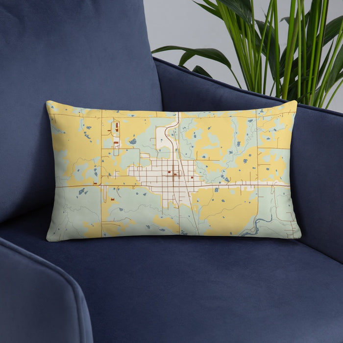Custom Beggs Oklahoma Map Throw Pillow in Woodblock on Blue Colored Chair