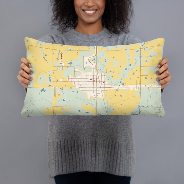 Person holding 20x12 Custom Beggs Oklahoma Map Throw Pillow in Woodblock