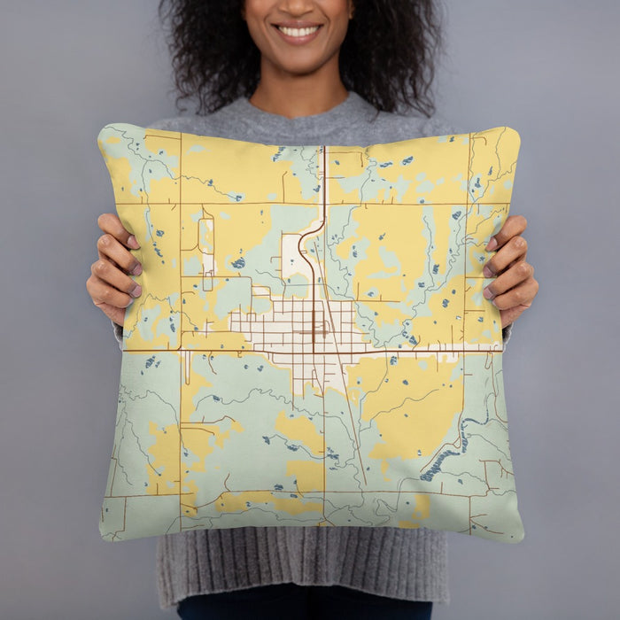 Person holding 18x18 Custom Beggs Oklahoma Map Throw Pillow in Woodblock