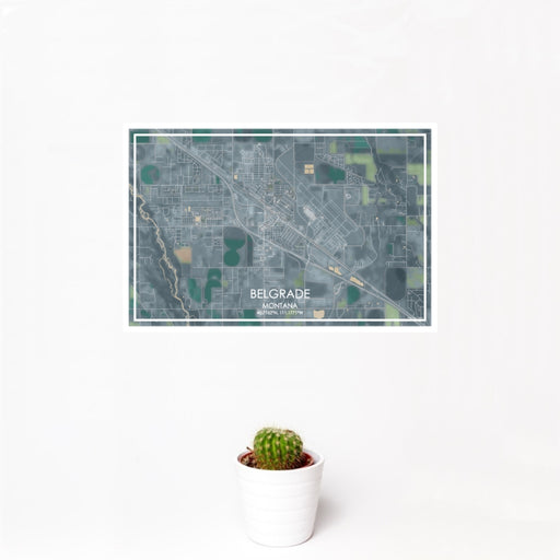 12x18 Belgrade Montana Map Print Landscape Orientation in Afternoon Style With Small Cactus Plant in White Planter